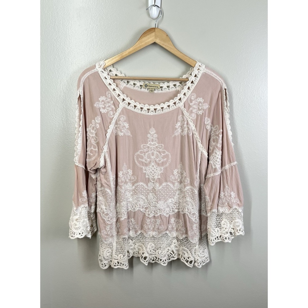 DEMOCRACY Blouse Raglan Sleeve Pink Crochet Lace Bell Fairycore Boho Sz Small